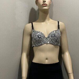 CHARLOTTE RUSSE Rhinestone all covered BRA black satin straps NWOT cups size L